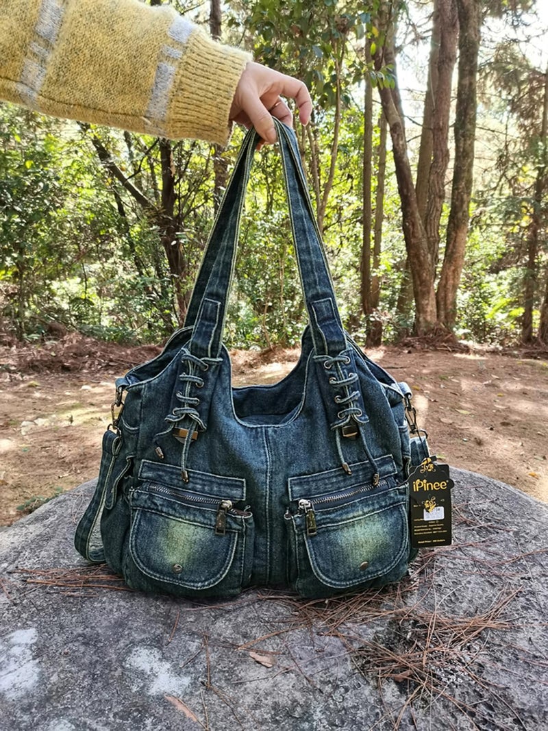 iPinee Designer Denim Handbags for Women Hobo Tote Bag Crossbody Denim Purses Blue Jean Shoulder Bag (IP-A1) - Image 2