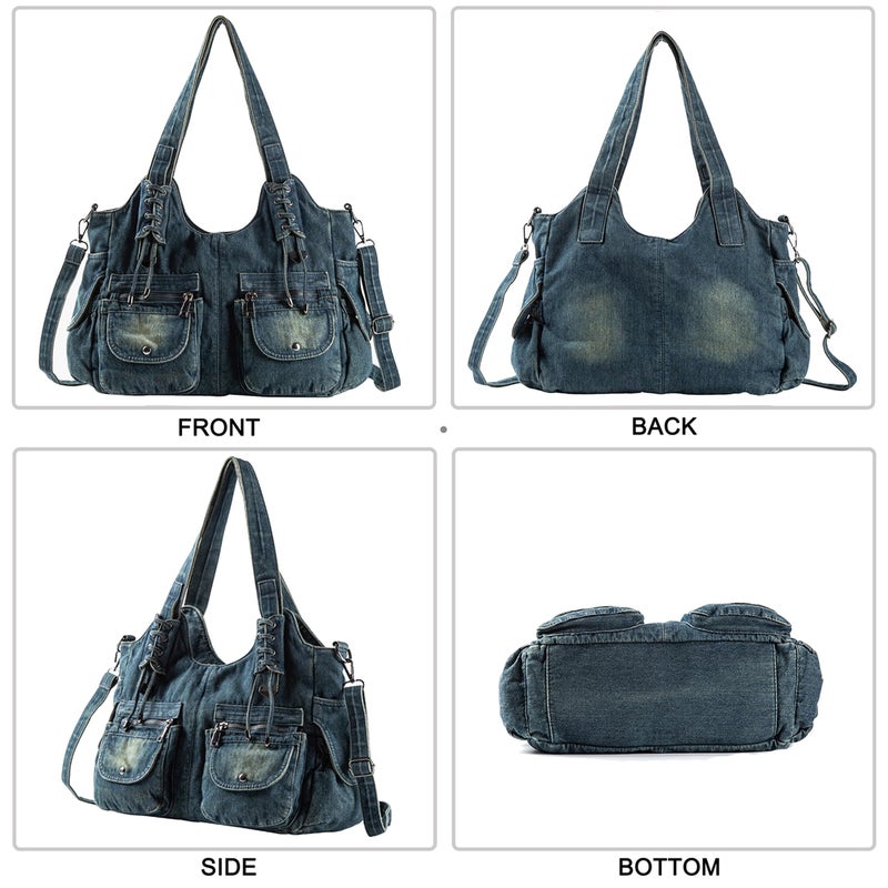 iPinee Designer Denim Handbags for Women Hobo Tote Bag Crossbody Denim Purses Blue Jean Shoulder Bag (IP-A1) - Image 4