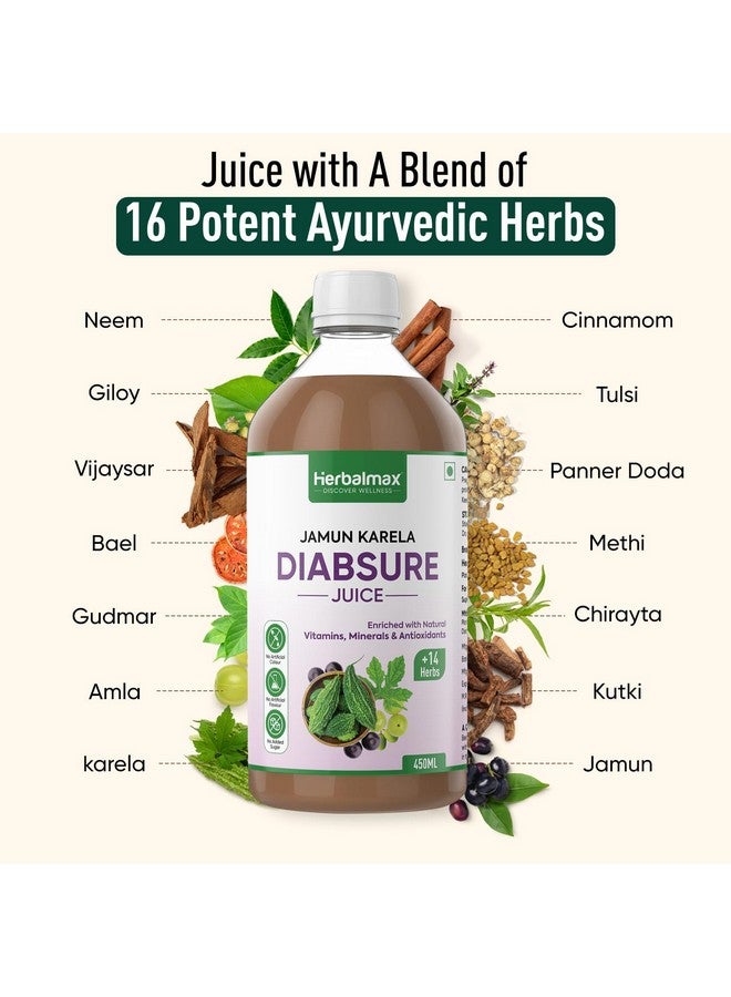 Herbal max Diabetic Care Diabsure Juice Helps Manage Blood Sugar With Goodness Of Karela, Jamun, Gudmar, Vijaysar, Amla and 11 Herbs | Suitable For Diabetes & Prediabetes | 450 ml - Image 4