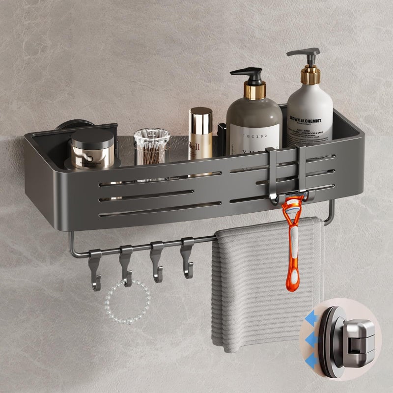 Voldra Shower Caddy Suction Cup, 1 Pack Shower Shelves for Inside Shower No Drilling, Aluminum Suction Showers Organizer with Towel Bar & Hooks Removable Bathroom Shelf Storage Rack(Gray) - Image 1