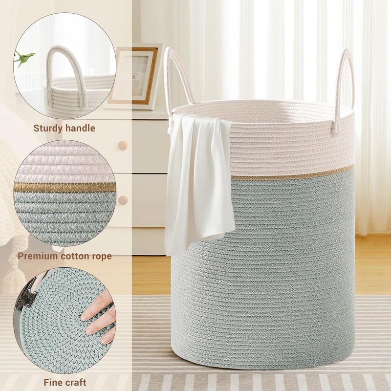 SunNewt Tall Laundry Basket with Handles, 100L Portable Dirty Clothes Hamper, Boho Cotton Rope Storage Bin for Blankets Kids Toys Gifts, Extra Large Organizer for Nursery Bedroom Bathroom, Sage Green - Image 3