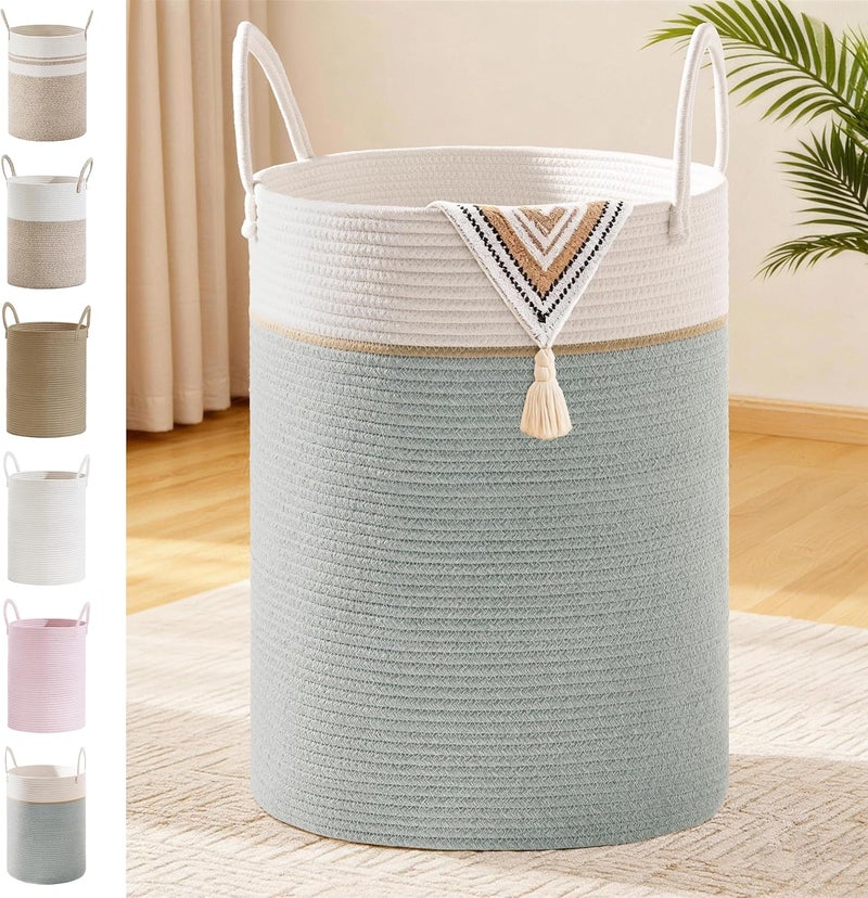 SunNewt Tall Laundry Basket with Handles, 100L Portable Dirty Clothes Hamper, Boho Cotton Rope Storage Bin for Blankets Kids Toys Gifts, Extra Large Organizer for Nursery Bedroom Bathroom, Sage Green - Image 1