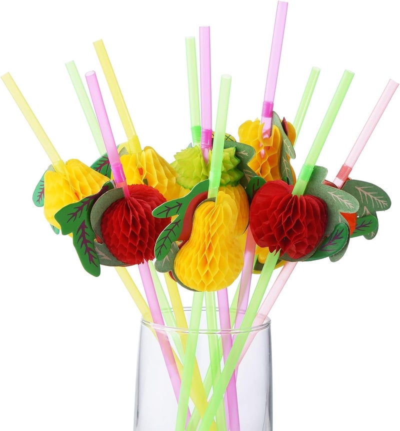 ALINK 100 Tropical Fruit Plastic Drinking Straws  Hawaiian Beach Cocktail Luau Party Decorations Supplies - Image 1