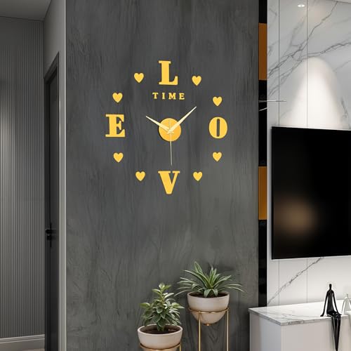 ABOUT SPACE Wall Clock - DIY Wall Sticker Clock Self Adhesive, Non-Ticking, Frameless, Acrylic Analog Watch Adjustable Size for Living Room, Bedroom, Office (Gold - Letters, Hearts), 25cm, 50cm - Image 1