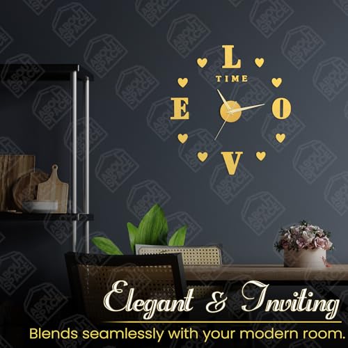 ABOUT SPACE Wall Clock - DIY Wall Sticker Clock Self Adhesive, Non-Ticking, Frameless, Acrylic Analog Watch Adjustable Size for Living Room, Bedroom, Office (Gold - Letters, Hearts), 25cm, 50cm - Image 5