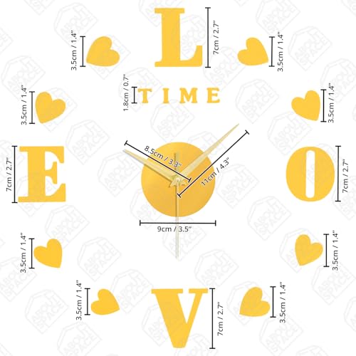 ABOUT SPACE Wall Clock - DIY Wall Sticker Clock Self Adhesive, Non-Ticking, Frameless, Acrylic Analog Watch Adjustable Size for Living Room, Bedroom, Office (Gold - Letters, Hearts), 25cm, 50cm - Image 2