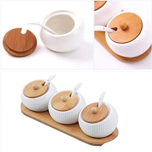 Kolorful Porcelain Condiment Jar Spice Container with Lid Spoons and Tiered Bamboo Display Rack Cruet Pot for Salt Pottery Cruet Pot for Sugar Spice Salt For Kitchen Ceramic Seasoning Box Set - Image 2