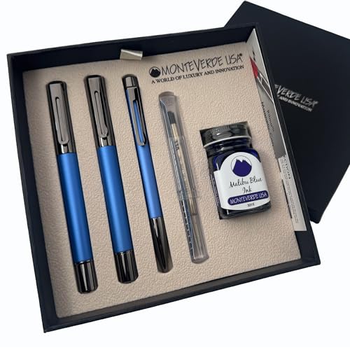 Monteverde Ritma 32 Piece Gift Set Blue Includes Stub Nib Fountain Pen Rollerball Ballpoint 30ml Ink Refill Premium Writing Set for Calligraphy Art Enthusiasts - Image 1
