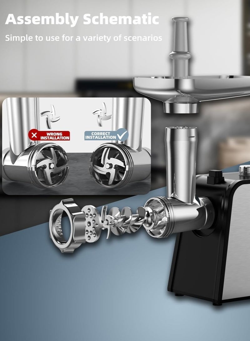 نيوب مفرمة لحوم كهربائية، مطحنة لحوم من الفولاذ المقاوم للصدأ بقوة 2800 واط، مع شفرتين ووظيفة عكسية، صانعة كبة وسجق، للاستخدام في المطبخ المنزلي - Image 4