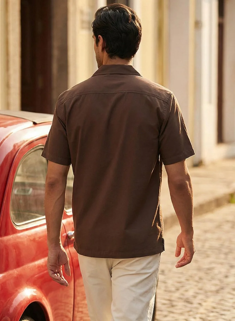 Dennis Lingo  Men Dark Brown Cotton Solid Print Button Down Relaxed Shirt for Men | Best Price UAE