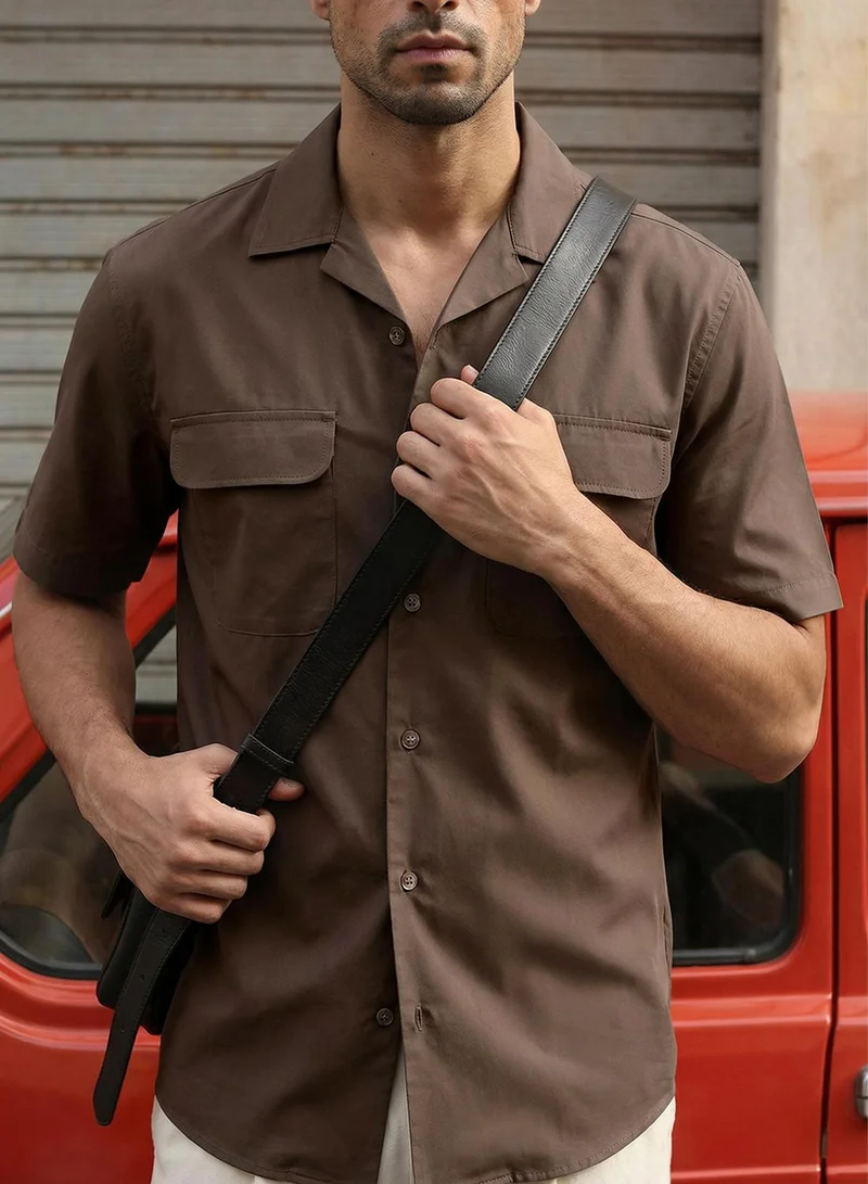 Dennis Lingo  Men Dark Brown Cotton Solid Print Button Down Relaxed Shirt for Men | Best Price UAE