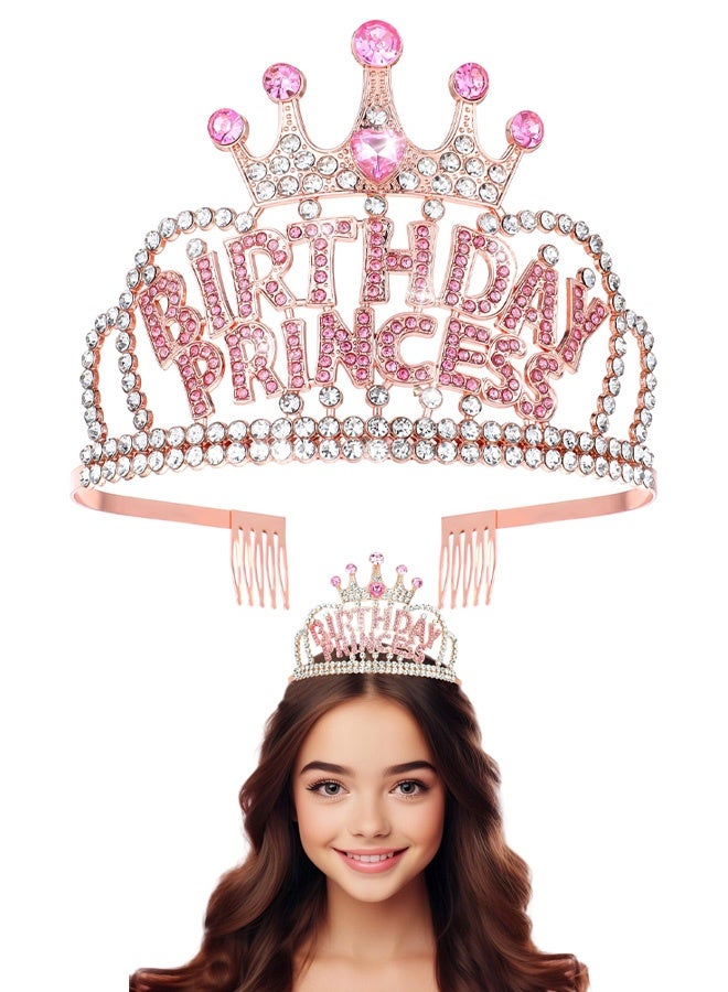 Birthday Crown for Women, Rose Gold Birthday Princess Crown with Combs Girls Rhinestone Tiara Headband Happy Party Favors Decorations Happy Birthdays Accessories Pink - Image 1