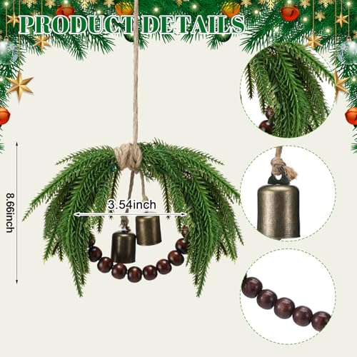 Dingion 6 Pcs Mini Christmas Wreath 86 Inch Small Norfolk Wreaths for Kitchen Cabinets Vintage Mini Wreath with Wood Bead Bell Rustic for Xmas Front Door Window Chair Farmhouse Decor - Image 3