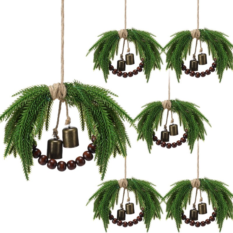 Dingion 6 Pcs Mini Christmas Wreath 86 Inch Small Norfolk Wreaths for Kitchen Cabinets Vintage Mini Wreath with Wood Bead Bell Rustic for Xmas Front Door Window Chair Farmhouse Decor - Image 2
