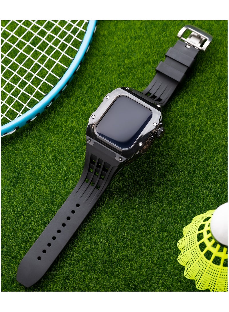 Fluororubber Band with PC Case for Apple Watch 45mm/44mm, Luxury RM Mod Kit for Apple iWatch SE 3/Series 9 8 7 6 5 4, Black - Image 3