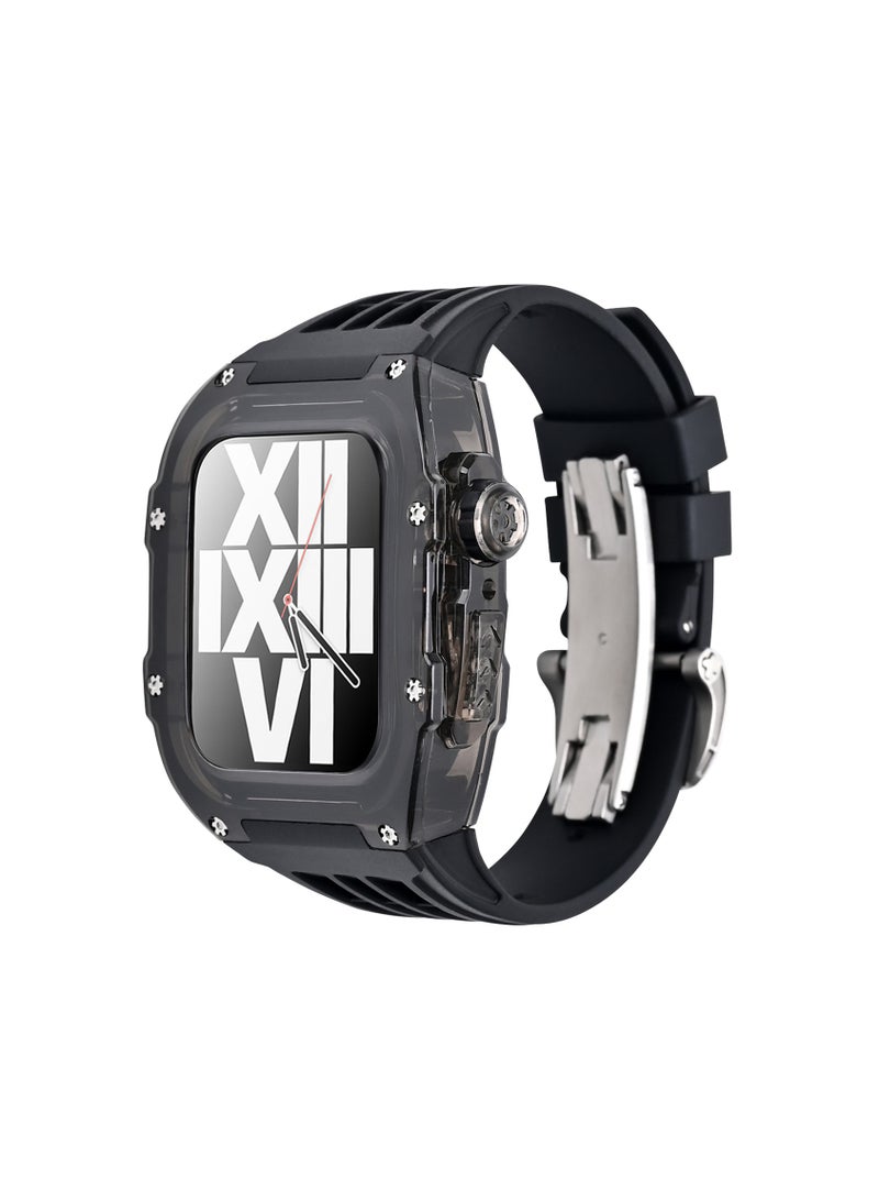 Fluororubber Band with PC Case for Apple Watch 45mm/44mm, Luxury RM Mod Kit for Apple iWatch SE 3/Series 9 8 7 6 5 4, Black - Image 1