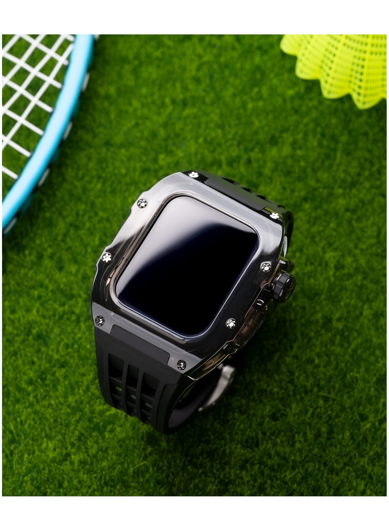 Fluororubber Band with PC Case for Apple Watch 45mm/44mm, Luxury RM Mod Kit for Apple iWatch SE 3/Series 9 8 7 6 5 4, Black - Image 2