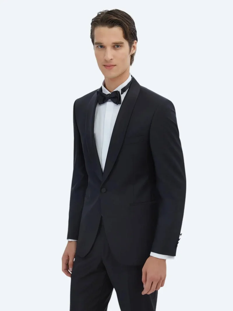 Kip Black Plain Slim Fit Shawl Collar Weaving Tuxedo