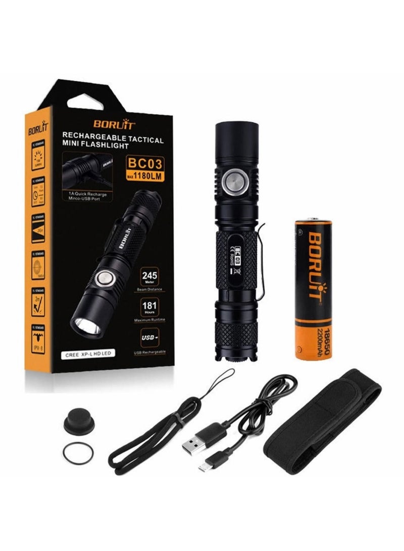 BORUIT 1180Lumens Rechargeable Tactical Mini Flashlight 2meter impact resistance waterproof - Image 1