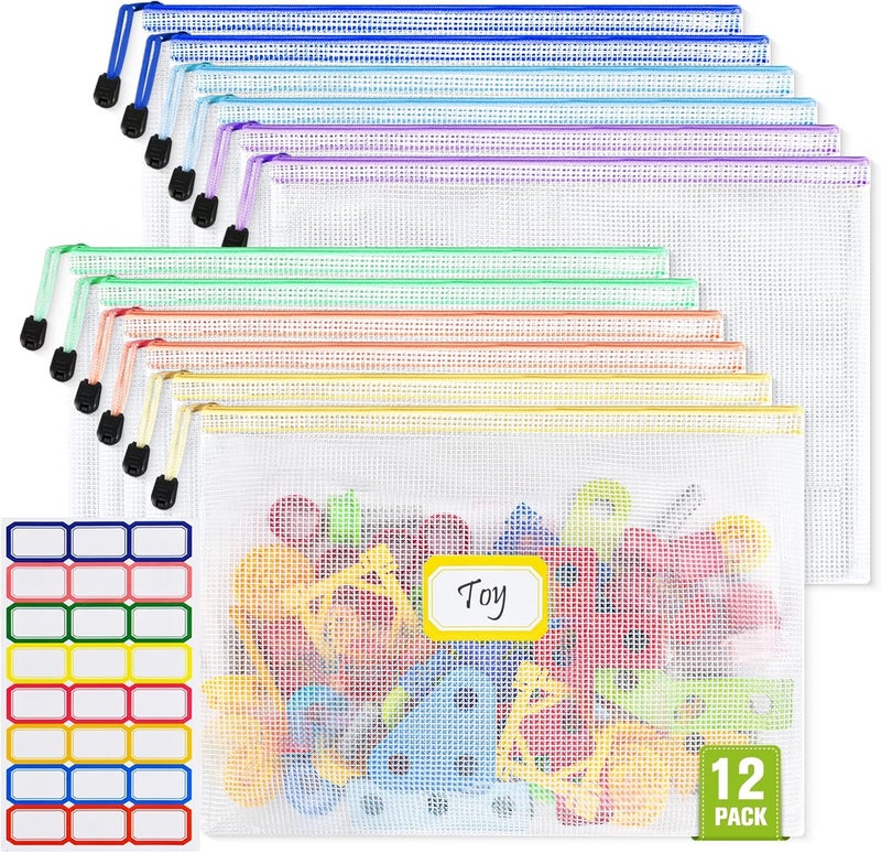 ASTEN Mesh Zipper Pouch Bags: Clear Zipper Pouches for Classroom, Plastic Mesh Bag for Board Game Puzzles Storage, A3 Waterproof Organizing Pouch for School and Office Supplies (17 x 12Inch, 12PCS, 6 Color) - Image 1