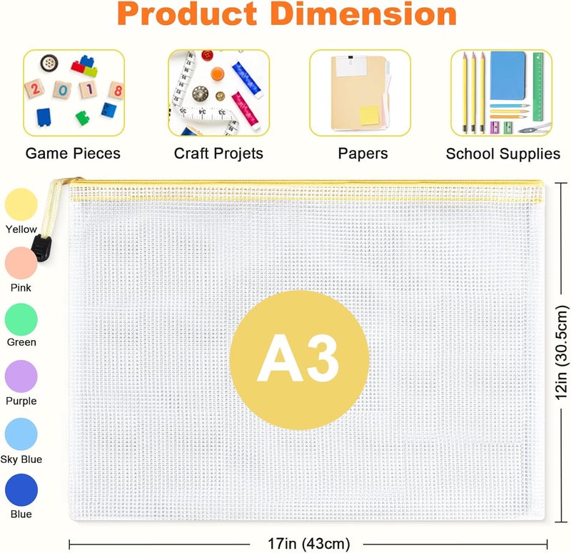 ASTEN Mesh Zipper Pouch Bags: Clear Zipper Pouches for Classroom, Plastic Mesh Bag for Board Game Puzzles Storage, A3 Waterproof Organizing Pouch for School and Office Supplies (17 x 12Inch, 12PCS, 6 Color) - Image 2