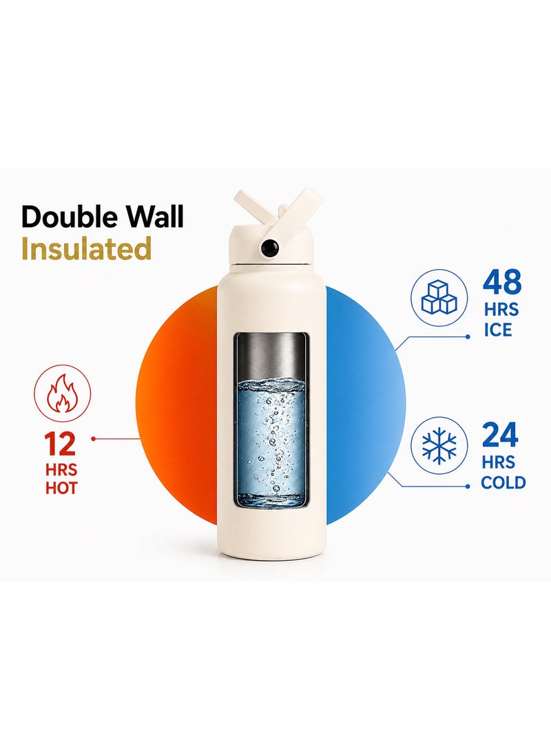 Hamzone Sports Water Bottle, Insulated Stainless Steel Thermal Water Bottle with Straw Lid, Leak Proof Double Wall Thermos for Hot and Cold Drinks, Wide Mouth, 500ml, Ideal for Gym, Office, School, Camping, Ivory - Image 2