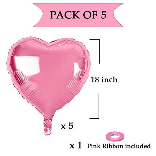 AMFIN® (Pack of 5) 18 Inch Pink Heart Shaped Balloons, Heart shape balloons for decoration, Pink heart balloons for decoration, Pink heart foil balloons, valentine balloons decoration - Light Pink - Image 2