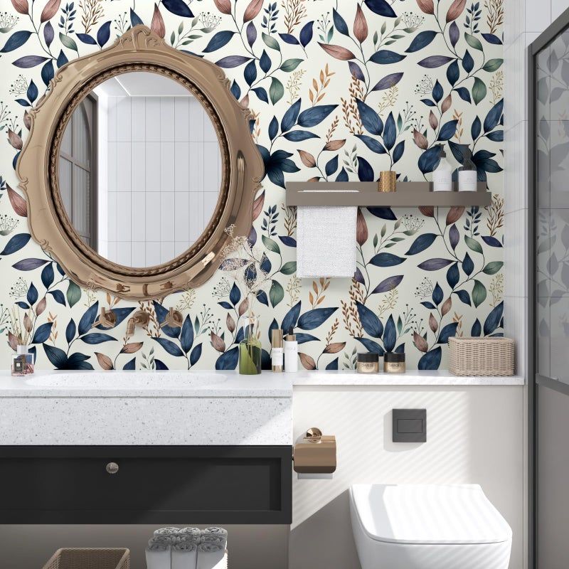 Fvlow Navy Leaf Peel and Stick Wallpaper Floral Wallpaper 17.4" x 118" Dark Blue Leaf Contact Paper Navy Vinyl Wrap Easily Peel Off Self-Adhesive Wall Paper for Bedroom Kitchen Cabinet Bathroom - Image 3