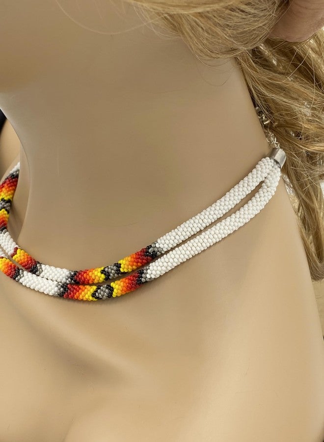 BeadsCorner Native Style Beaded Double Strand Rope Necklace for Women Handmade (White Black Fire) - Image 3