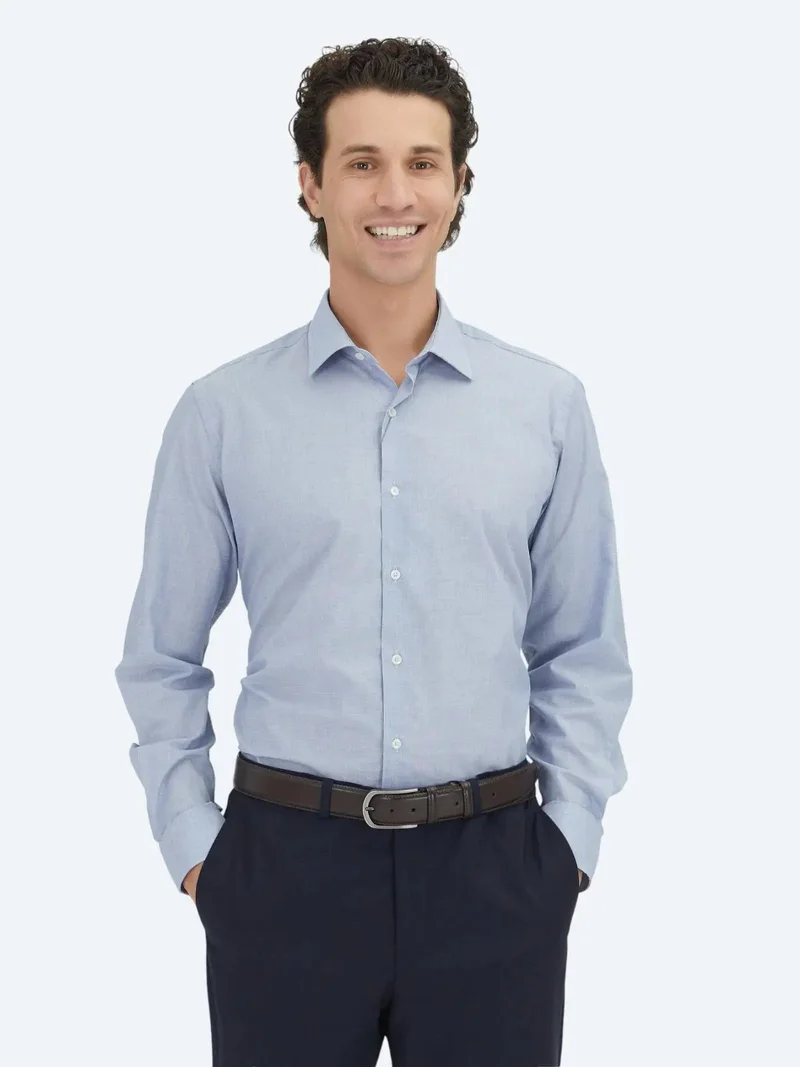 كيب قميص قطني كلاسيكي منسوج، أزرق فاتح، بقصة عادية