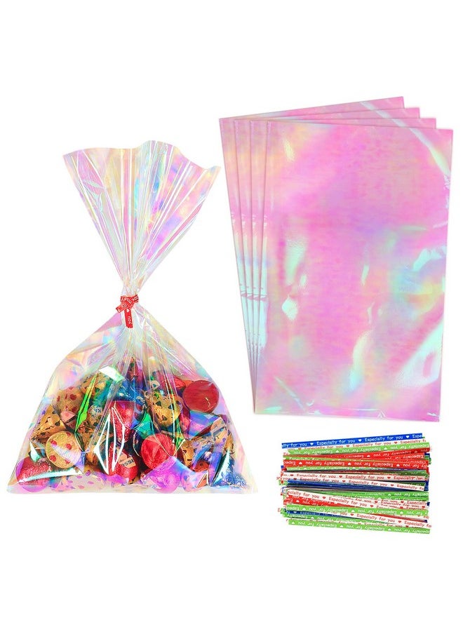 HRX Package 120Pcs Iridescent Cellophane Treat Bags With Ties 6X9 Inch Holographic Plastic Goody Bags For Candy Party Favors Small Gifts  - Image 1