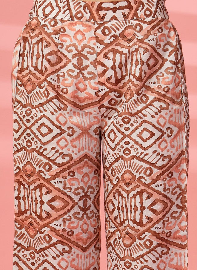 Indibelle Brown and White Printed Cotton Tunic and Trouser Set - Image 3