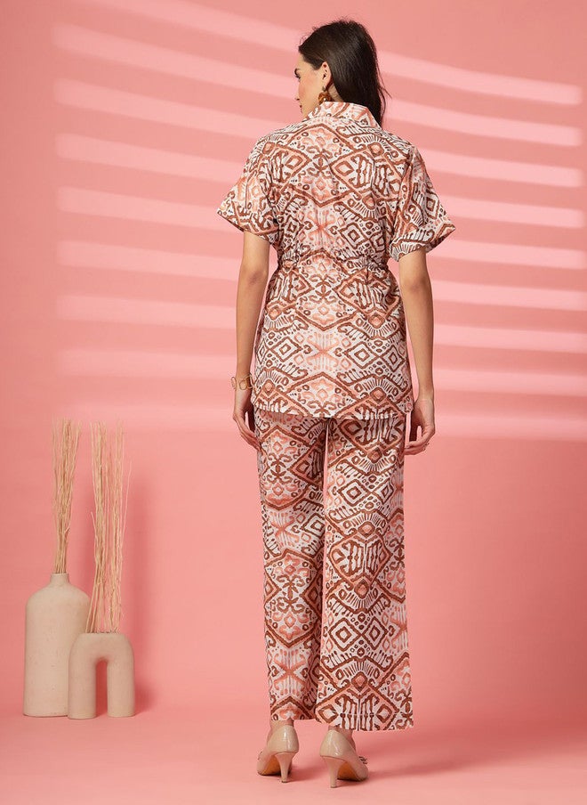Indibelle Brown and White Printed Cotton Tunic and Trouser Set - Image 5