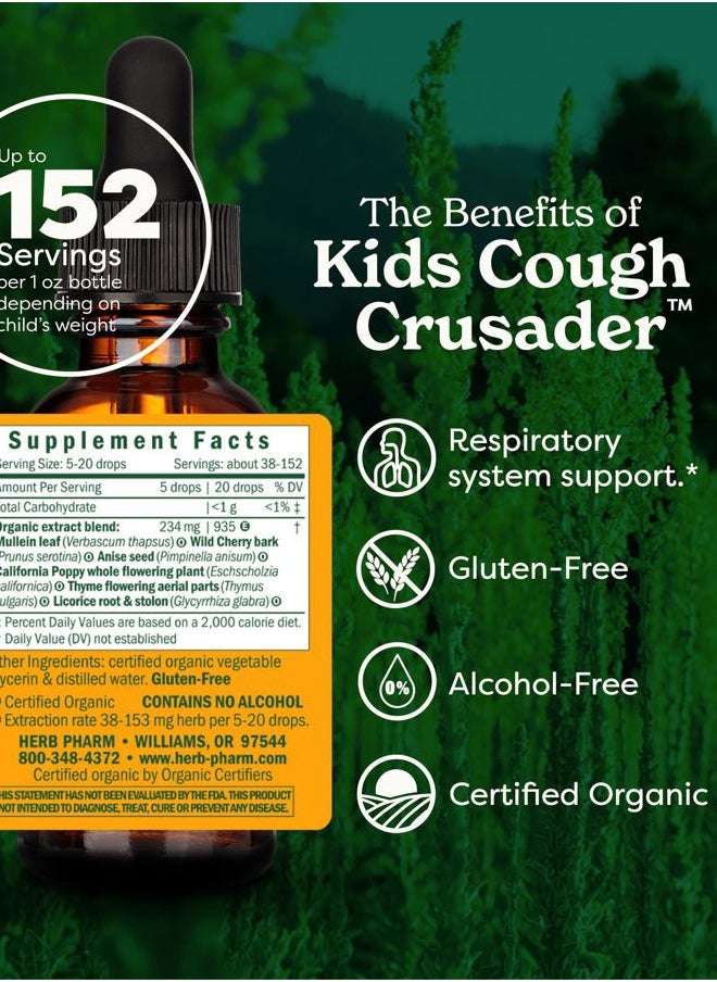 HERB PHARM Kids Certified-Organic Alcohol-Free Cough Crusader Liquid Herbal Formula, Wild Cherry, 1 Fl Oz  - Image 2