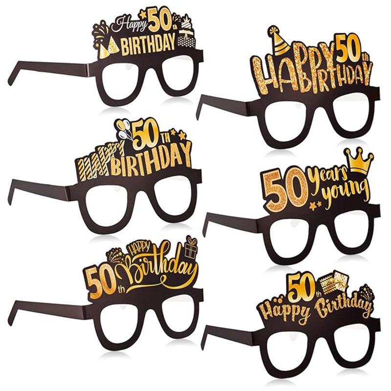 Sumind 24 Pcs Birthday Glasses Decoration Paper Eyeglasses Birthday Sunglasses to Wear for Men Women Table Decor Party (Gold,50th) - Image 1
