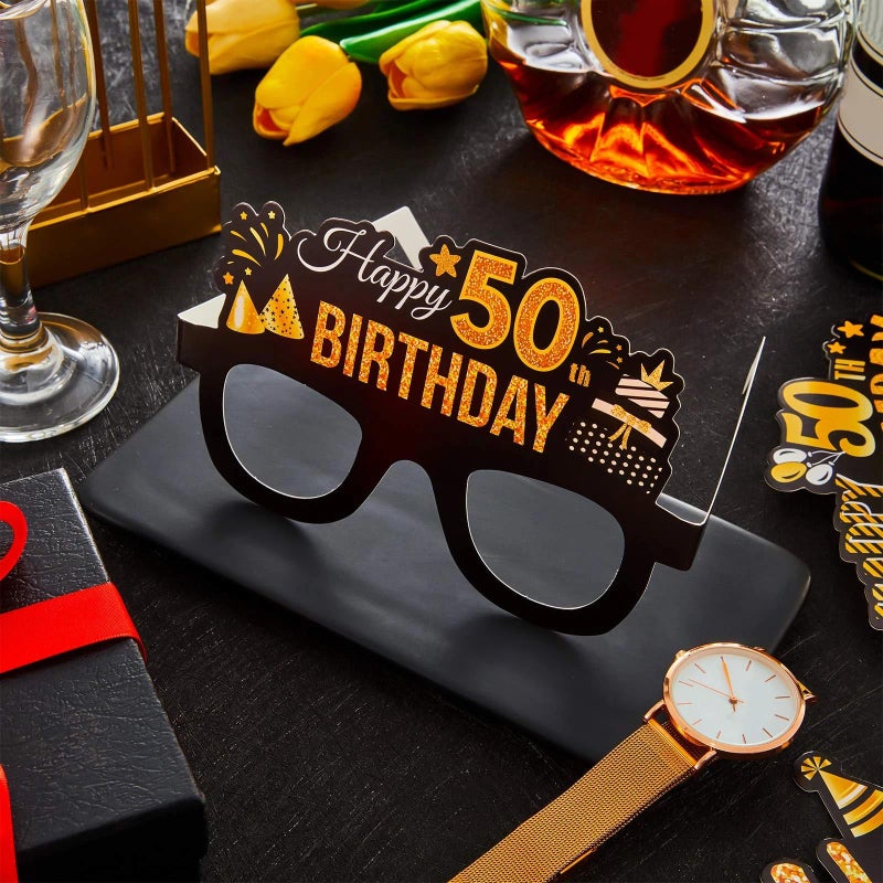 Sumind 24 Pcs Birthday Glasses Decoration Paper Eyeglasses Birthday Sunglasses to Wear for Men Women Table Decor Party (Gold,50th) - Image 3