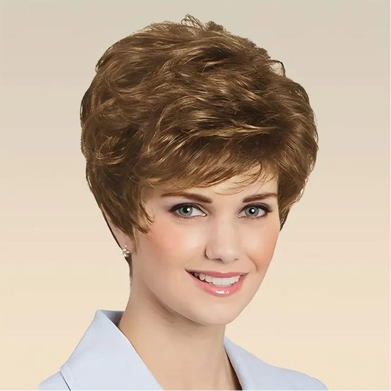 MIMAN Short Brown Pixie Cut Wig Short Layered Hair Wigs with Bangs Fluffy Synthetic Hair Replacement Wig for Women Halloween Costumes Wigs