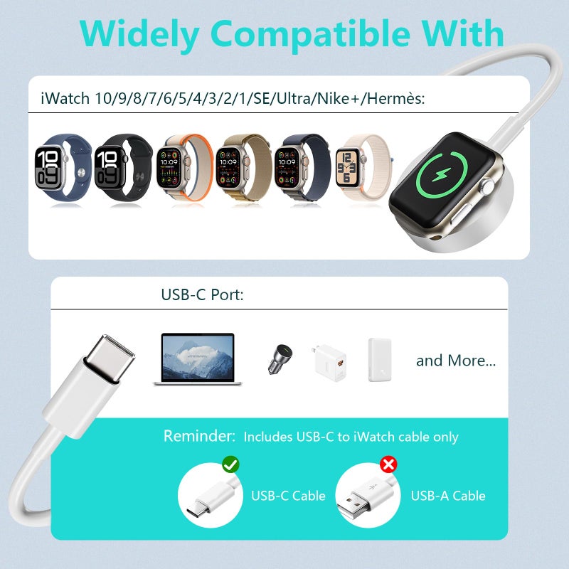 Autallgee Upgraded 2 Pack for Apple Watch Charger USB C Cable, [MFi Certified] iWatch Charger Cable 3.3FT Magnetic Cord Compatible with iWatch Series 9/8/7/6/SE 2/SE/5/4/3/2/1-White - Image 2
