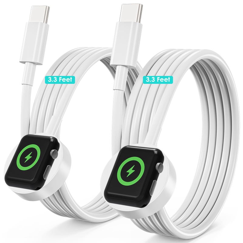 Autallgee Upgraded 2 Pack for Apple Watch Charger USB C Cable, [MFi Certified] iWatch Charger Cable 3.3FT Magnetic Cord Compatible with iWatch Series 9/8/7/6/SE 2/SE/5/4/3/2/1-White - Image 1