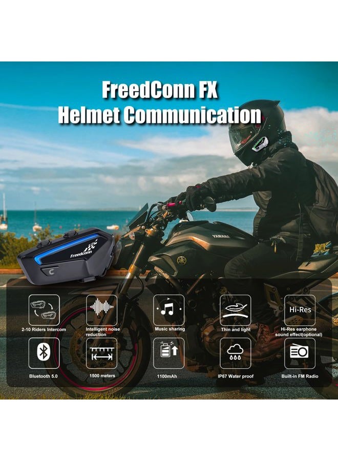 Freedconn Motorcycle Helmet Bluetooth Headset FX 2 Pack Intercom Motorcycle Communication Systems, IP67 Waterproof, 1100mAh 4-6 Riders Men Gifts (Black) - Image 2