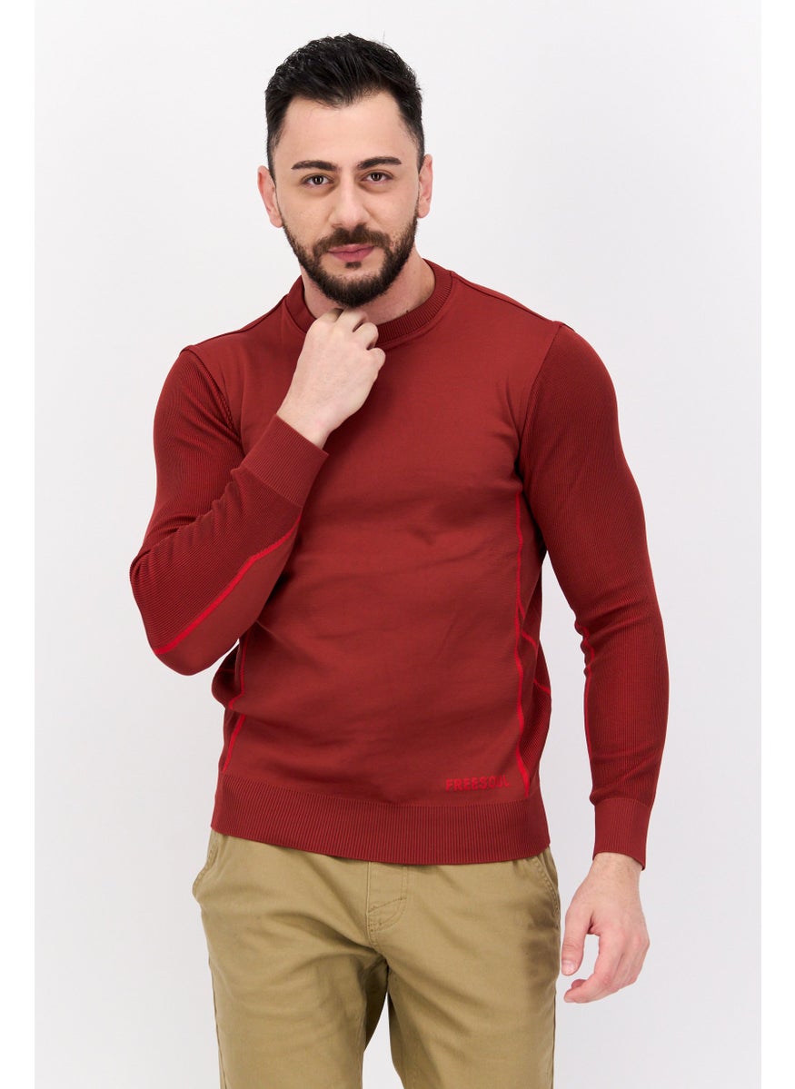 Free Soul - Men Crew Neck Textured Long Sleeve Sweatshirt, Red - Image 1