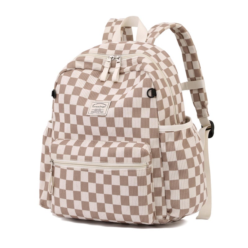 Tanweibago Corduroy Kids Backpack for Boys Girls Backpacks for Primary Elementary Kindergarten 6-10 (Checkered Brown, Medium (15" H Fit A4 Folder)) - Image 1