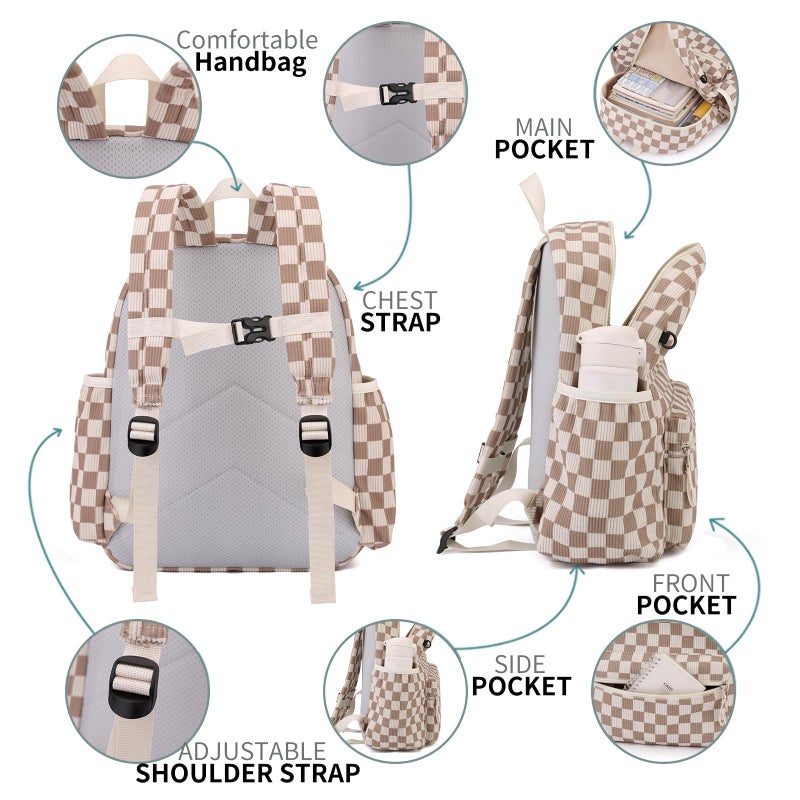Tanweibago Corduroy Kids Backpack for Boys Girls Backpacks for Primary Elementary Kindergarten 6-10 (Checkered Brown, Medium (15" H Fit A4 Folder)) - Image 4