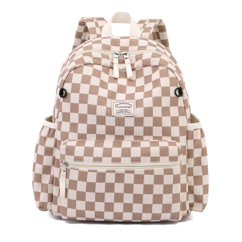 Tanweibago Corduroy Kids Backpack for Boys Girls Backpacks for Primary Elementary Kindergarten 6-10 (Checkered Brown, Medium (15" H Fit A4 Folder)) - Image 2