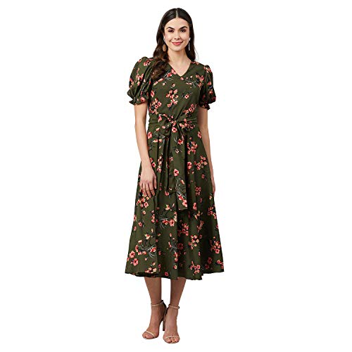 Rare Women's Synthetic Fit and Flare Midi Casual Dress (EP6054_Green_Large) - Image 1