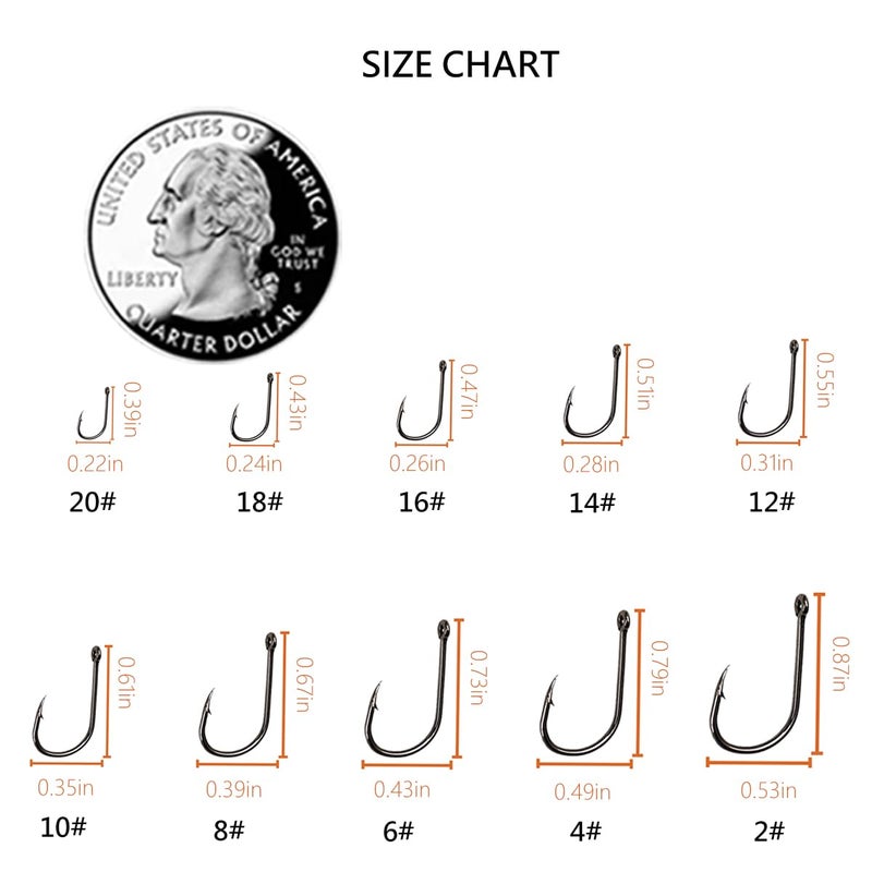 AMHDV 300Pcs/ 500Pcs/ 1000Pcs Small Fishing Hooks, 10 Different Sizes Tiny Fish Hook Set for Freshwater (300pcs (2# to 20#)) - Image 2