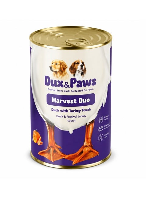 Wet Dog Food, Dux & Paws Harvest Duo Premium Natural Duck Meat Pâté with Turkey Flavor, Complete & Balanced Nutrition, Soft Pâté Texture, 400g