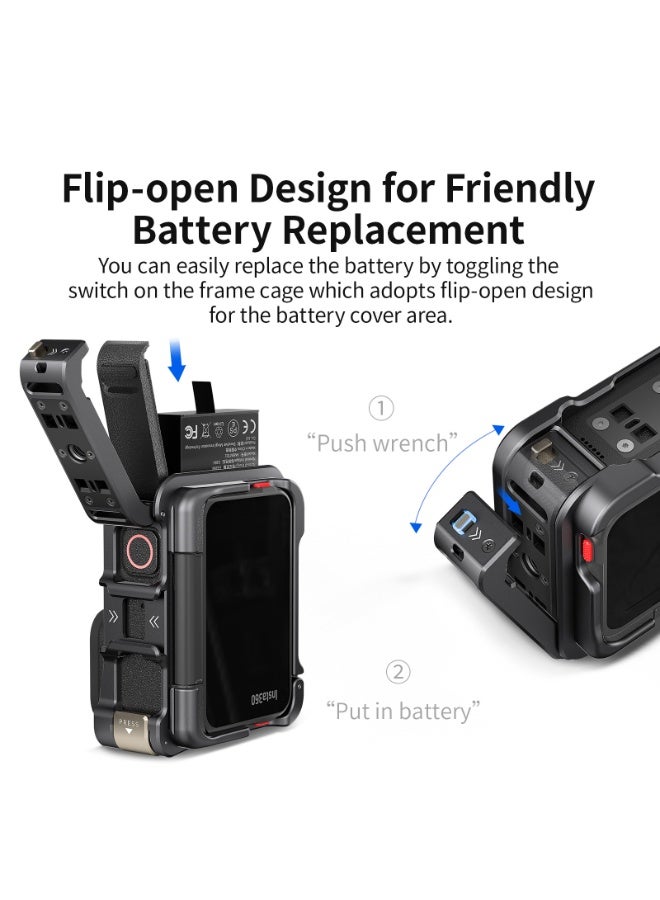 aMagisn Quick Release Metal Camera Cage for Insta360 Ace Pro/Ace Pro2 – Horizontal & Vertical Shooting Frame with Flip Battery Door, Cold Shoe Mount, and Lens Protection – Action Camera Cage Accessory  - Image 5