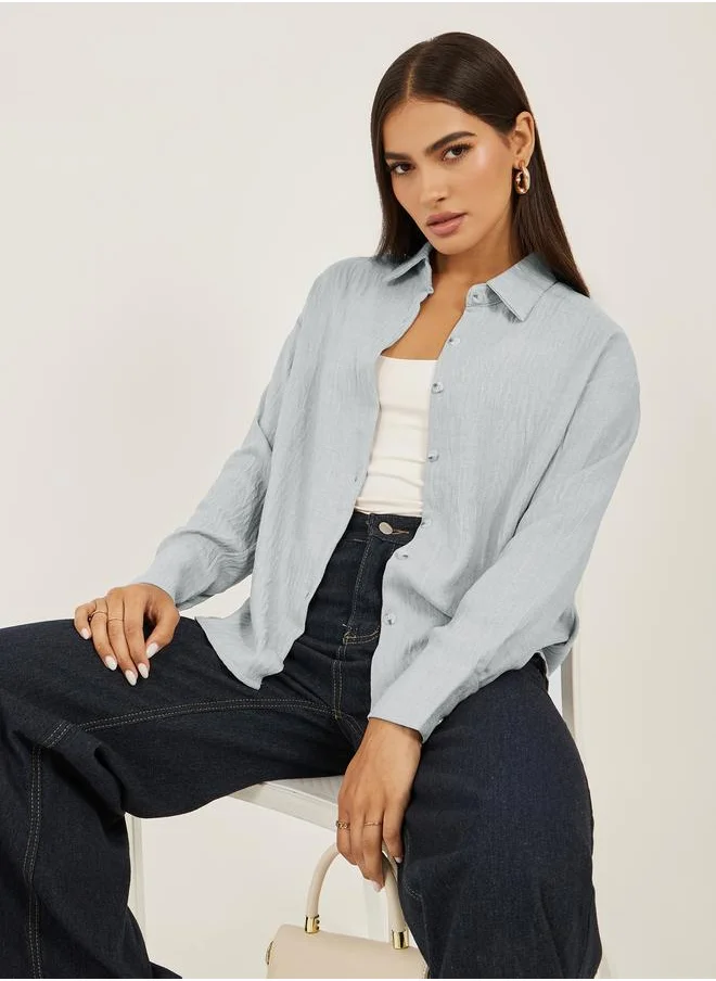 ستايلي Styli Oversized Linen Spread Collar Shirt