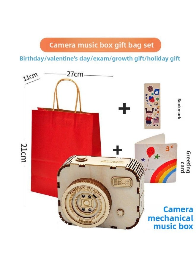 Boys And Girls Tanabata Valentine's Day Hand-operated Diy Hand-made Wooden Assembled Vintage Eight Music Box Birthday Gift-Color:W18-05 Camera Music Box + Gift Bag - Image 1